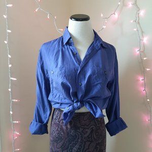 90s Royal Blue Silk Button Down Blouse Vintage Staple Basic S/M